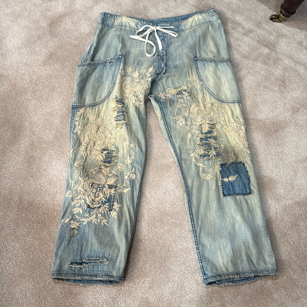 Magnolia Pearl Distressed Denim with Cream Floral Embroidery